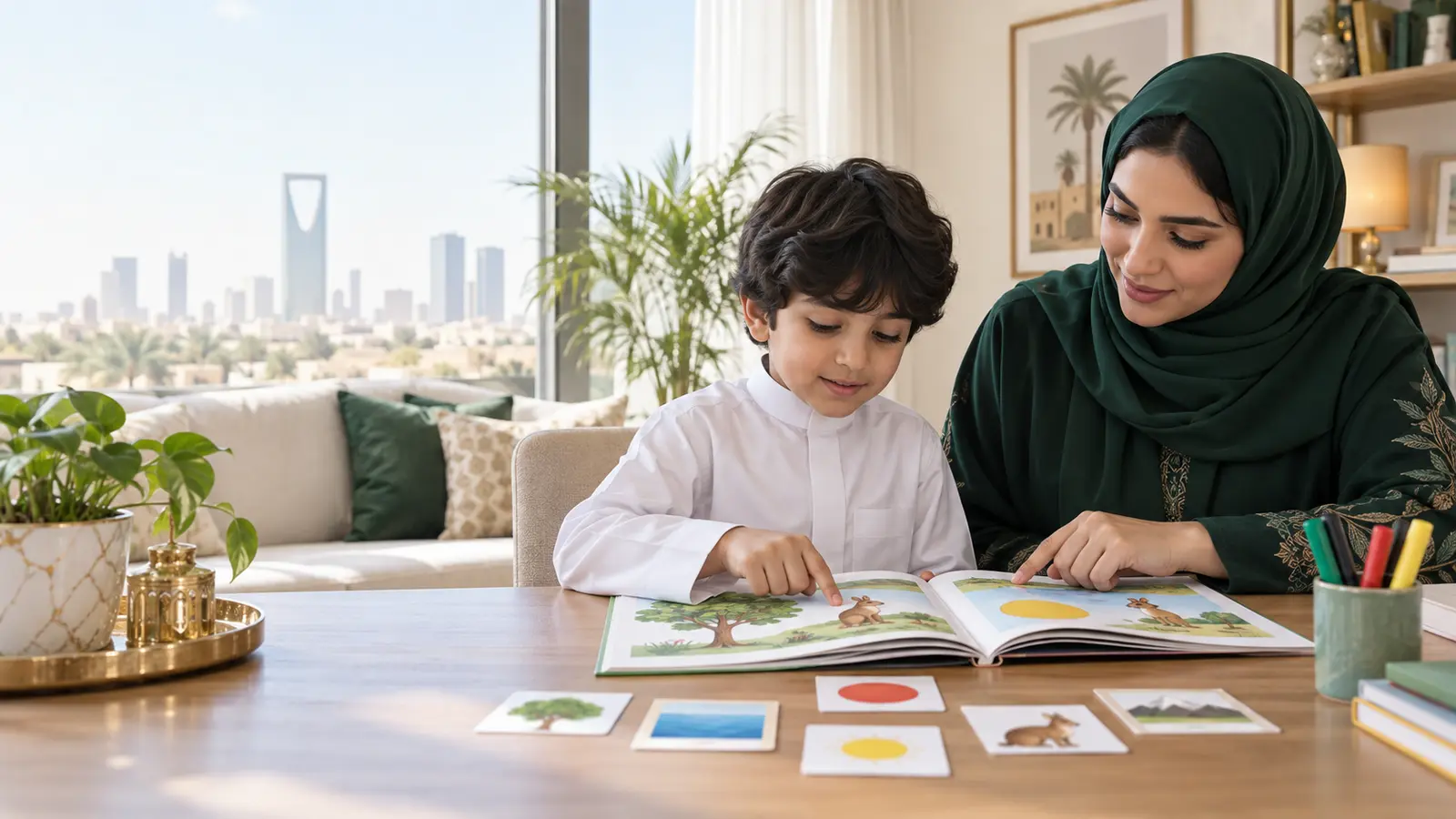 معلمة تساعد طفلًا على علاج ضعف القراءة في المنزل