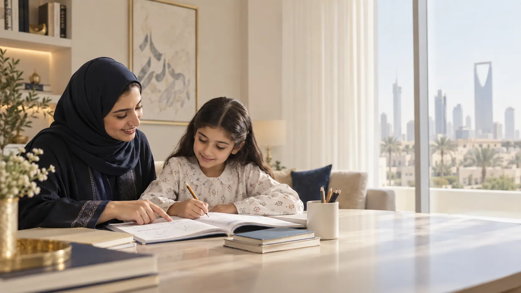 معلمة متخصصة تساعد طالبة في المنزل
